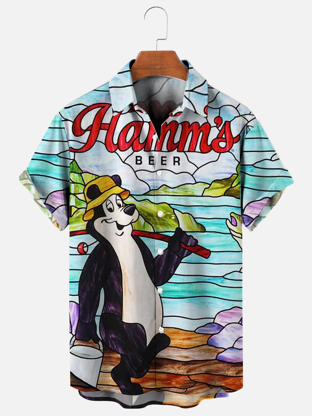 Men's Beer Bear Fishing Color Print Vintage Hawaiian Short Sleeve Shir –  Hallyy