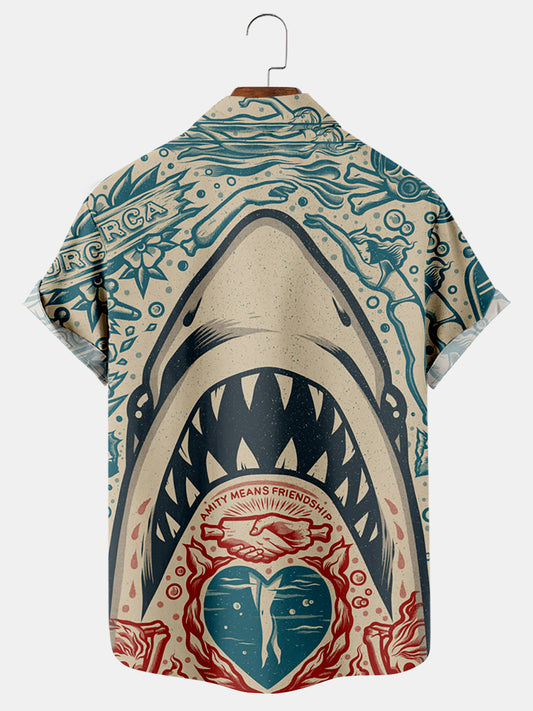 Men's Hawaiian Vintage Jaws Print Short Sleeve Shirt