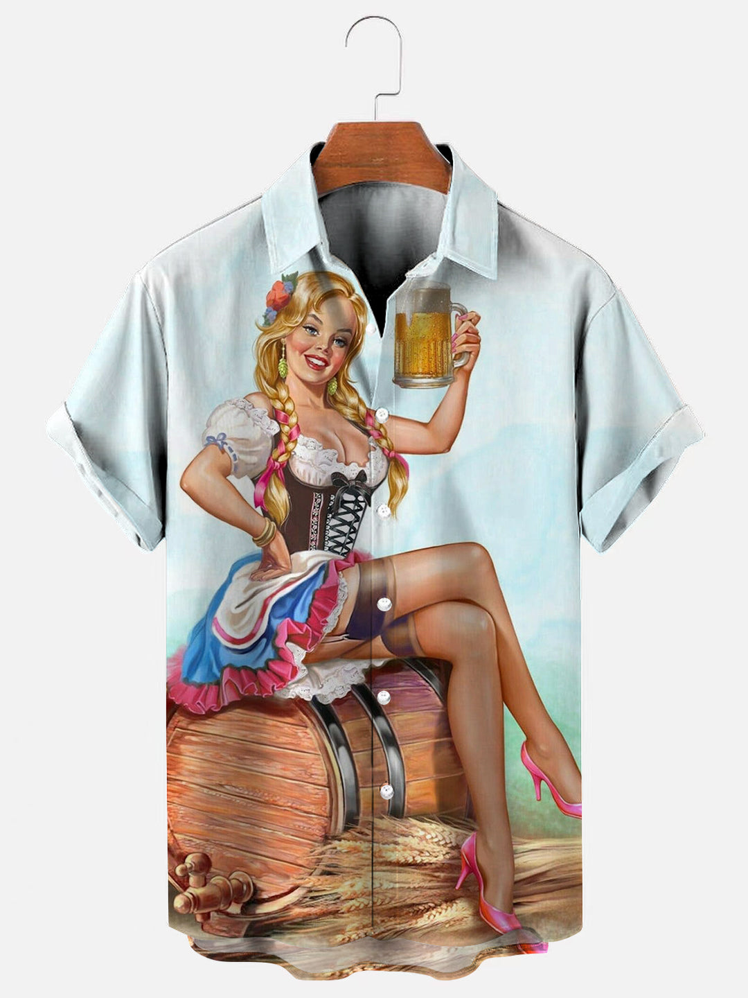 Men's Vintage Beer Girl Print Hawaiian Short Sleeve Shirt