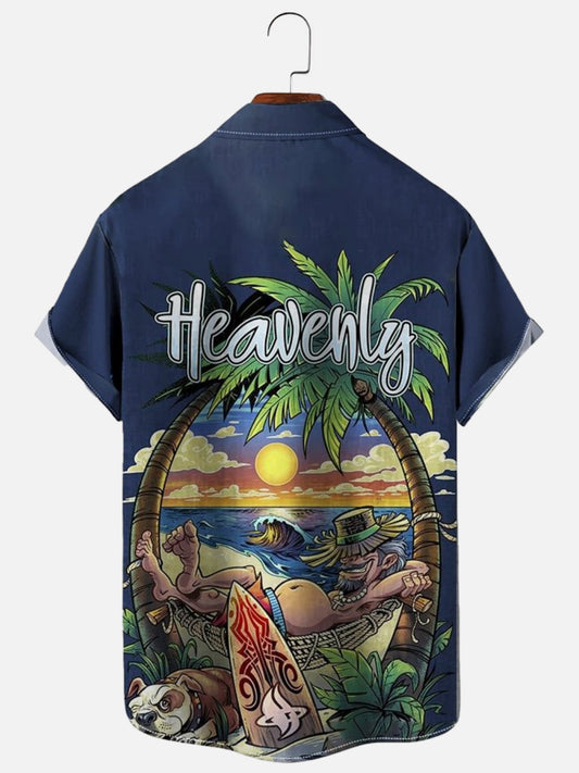 Men's Casual Island Surf Print Hawaiian Short Sleeve Shirt