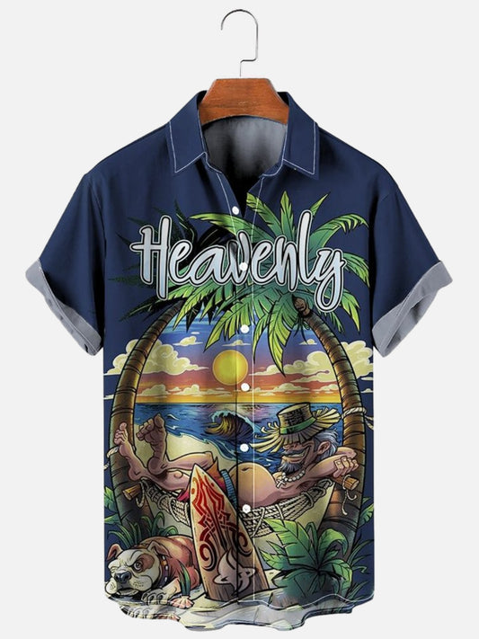 Men's Casual Island Surf Print Hawaiian Short Sleeve Shirt