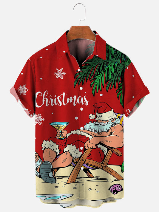 Men's Beach Vacation Santa Print Hawaiian Short Sleeve Shirt