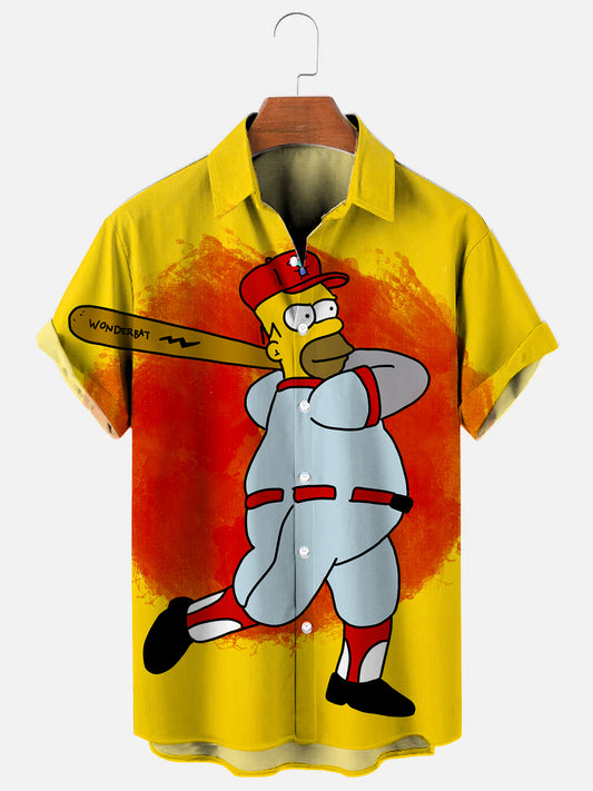 Men's Retro Cartoon Character Baseball Print Hawaiian Short Sleeve Shirt