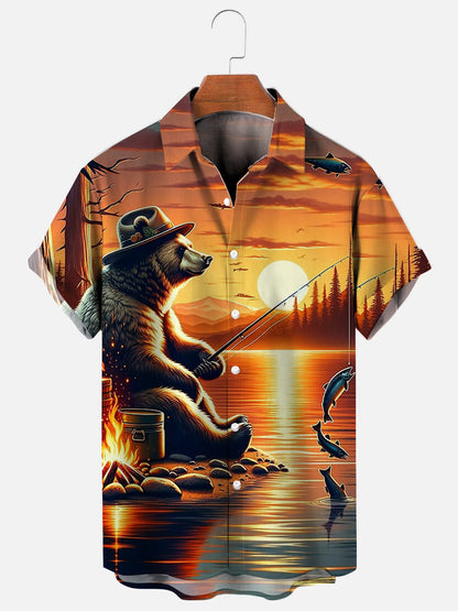 Men's Camping Bear Fishing Print Hawaiian Short Sleeve Shirt