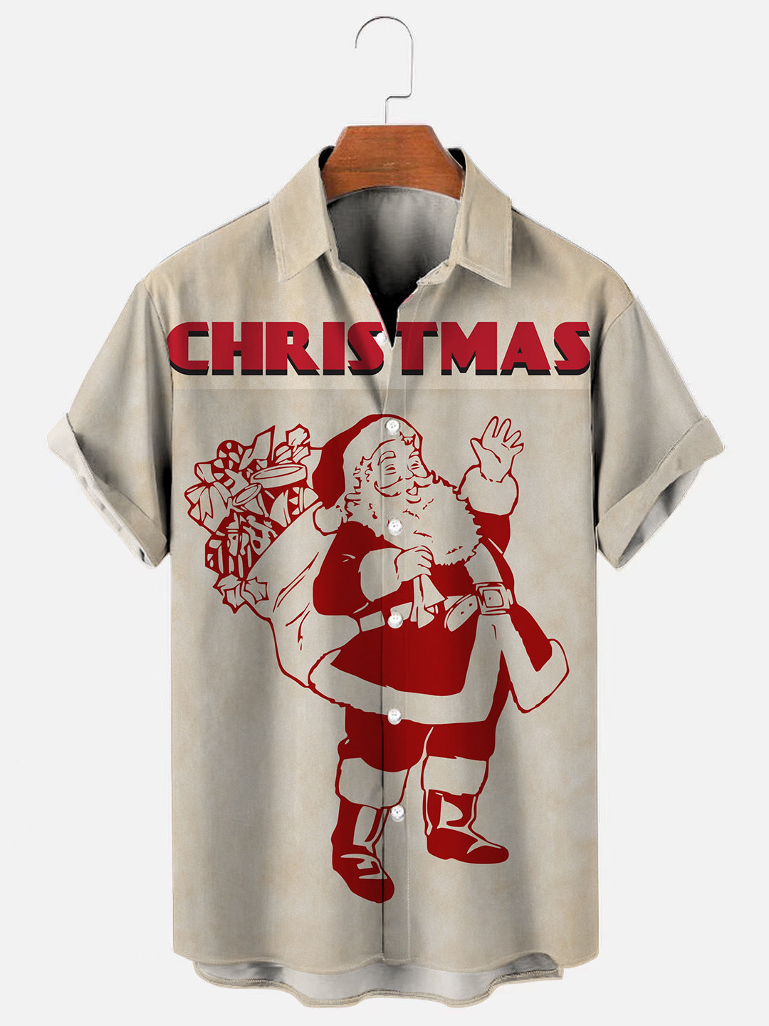 Men's Vintage Santa Poster Print Holiday Short Sleeve Shirt