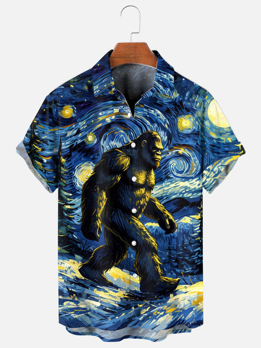 Men's Starry Night Bigfoot Art Print Hawaiian Short Sleeve Shirt