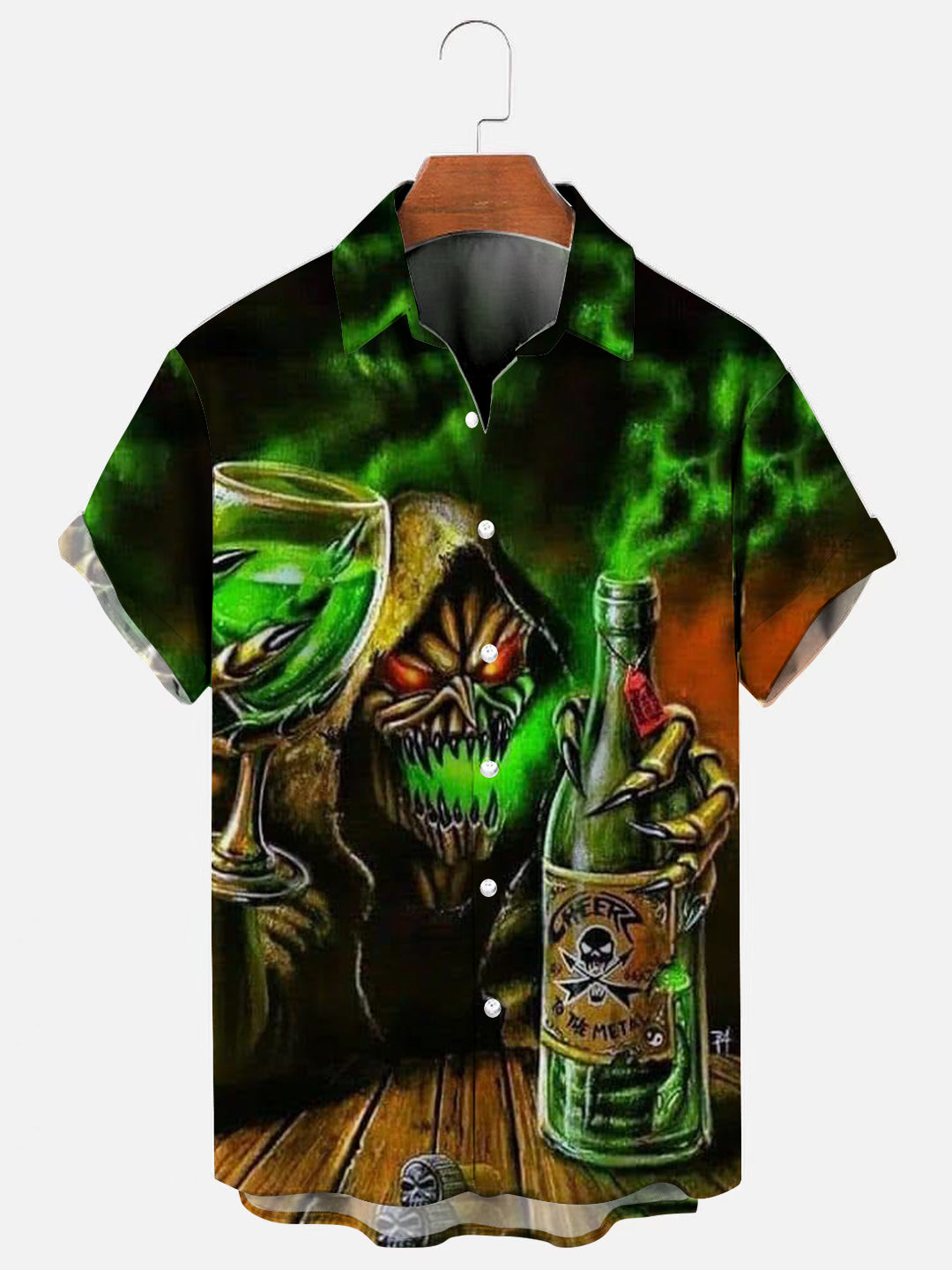 Men's Skull Drinking Print Hawaiian Short Sleeve Shirt