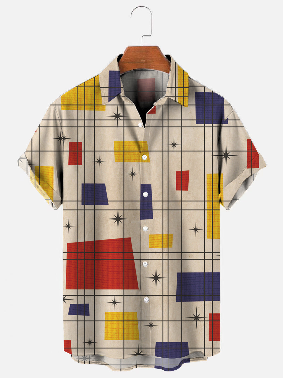 Men's Retro Mid-Century Modern Mondrian Style Art Print Hawaiian Short Sleeve Shirt