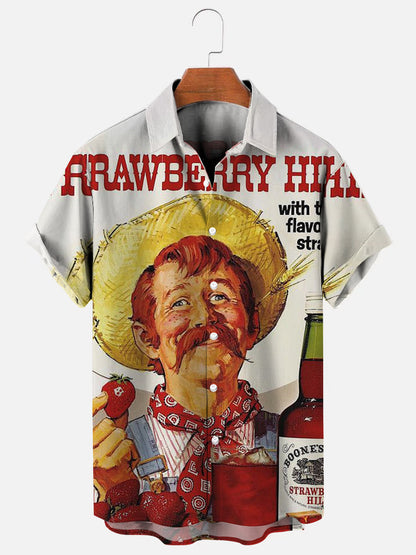 Men's 70s-80s Strawberry Fruit Wine Retro Print Hawaiian Short Sleeve Shirt