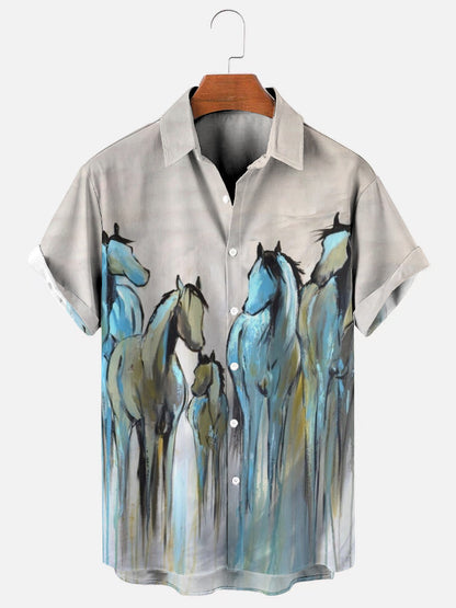 Men's Vintage Western Oil Painting Horse Print Short Sleeve Shirt