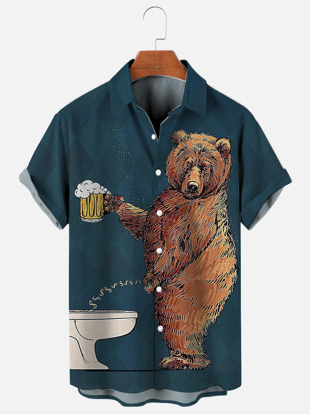 Fun Bear Beer Print Casual Short Sleeve Shirt