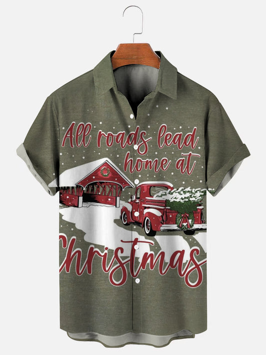 Christmas Red Truck Print Casual Short Sleeve Shirt