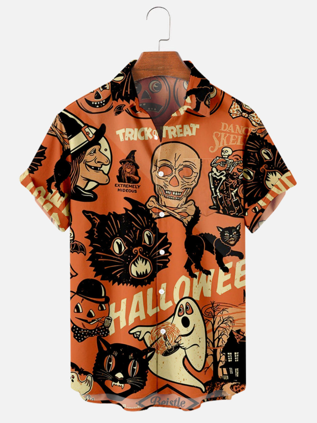 Men's Halloween Cat Print Casual Breathable Short Sleeve Shirt