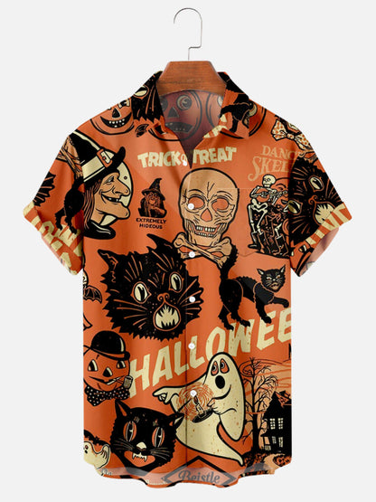 Men's Halloween Cat Print Casual Breathable Short Sleeve Shirt