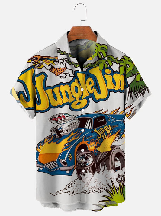 JUNGLE JIM Vintage Car Print Hawaiian Short Sleeve Shirt