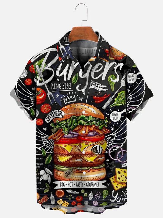 Men's Burger Print Hawaiian Short Sleeve Shirt