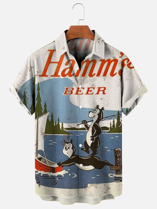 Beer Sailboat Bear Vintage Print Hawaiian Short Sleeve Shirt – Hallyy