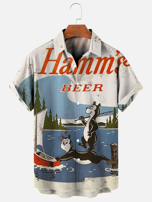Beer Sailboat Bear Vintage Print Hawaiian Short Sleeve Shirt