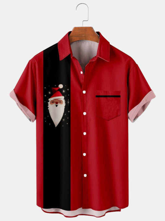 Men's Santa Print Bowling Short Sleeve Shirt