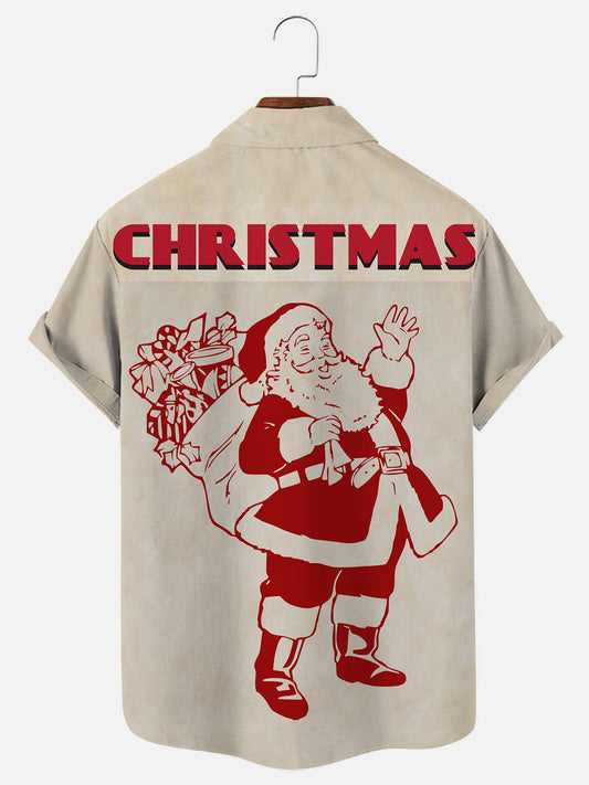 Men's Vintage Santa Poster Print Holiday Short Sleeve Shirt