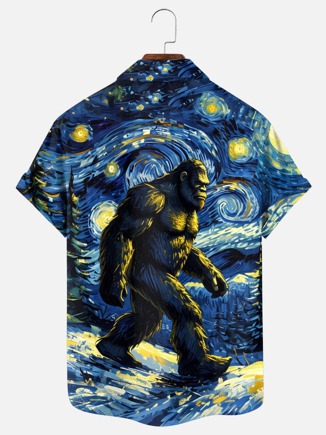 Men's Starry Night Bigfoot Art Print Hawaiian Short Sleeve Shirt