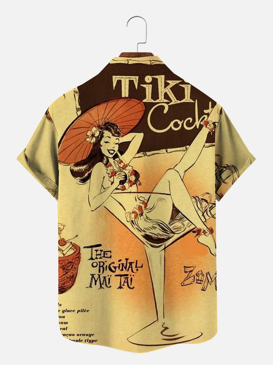Vintage Tiki Cocktail Girl Print Short Sleeve Shirt