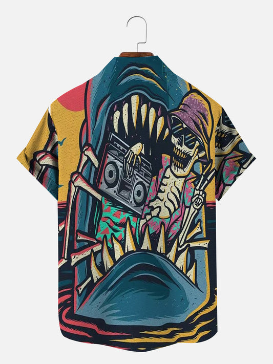 Men's Shark Skull Print Hawaiian Short Sleeve Shirt