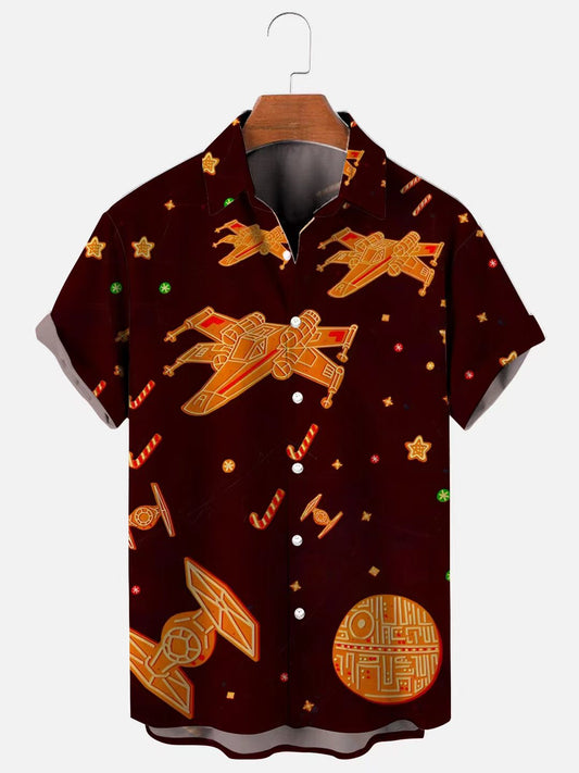 Men's Christmas Gingerbread Poster Print Holiday Casual Short Sleeve Shirt