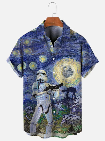 Men's Retro Charge Starry Night Pattern Print Hawaiian Short Sleeve Shirt