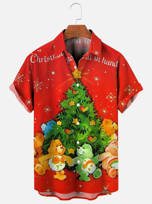 80s Retro Christmas Care Bear Print Hawaiian Short Sleeve Shirt