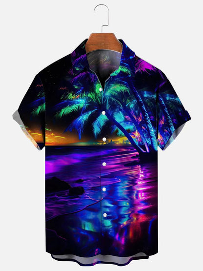 Men's Neon Palm Tree Beach Print Hawaiian Short Sleeve Shirt