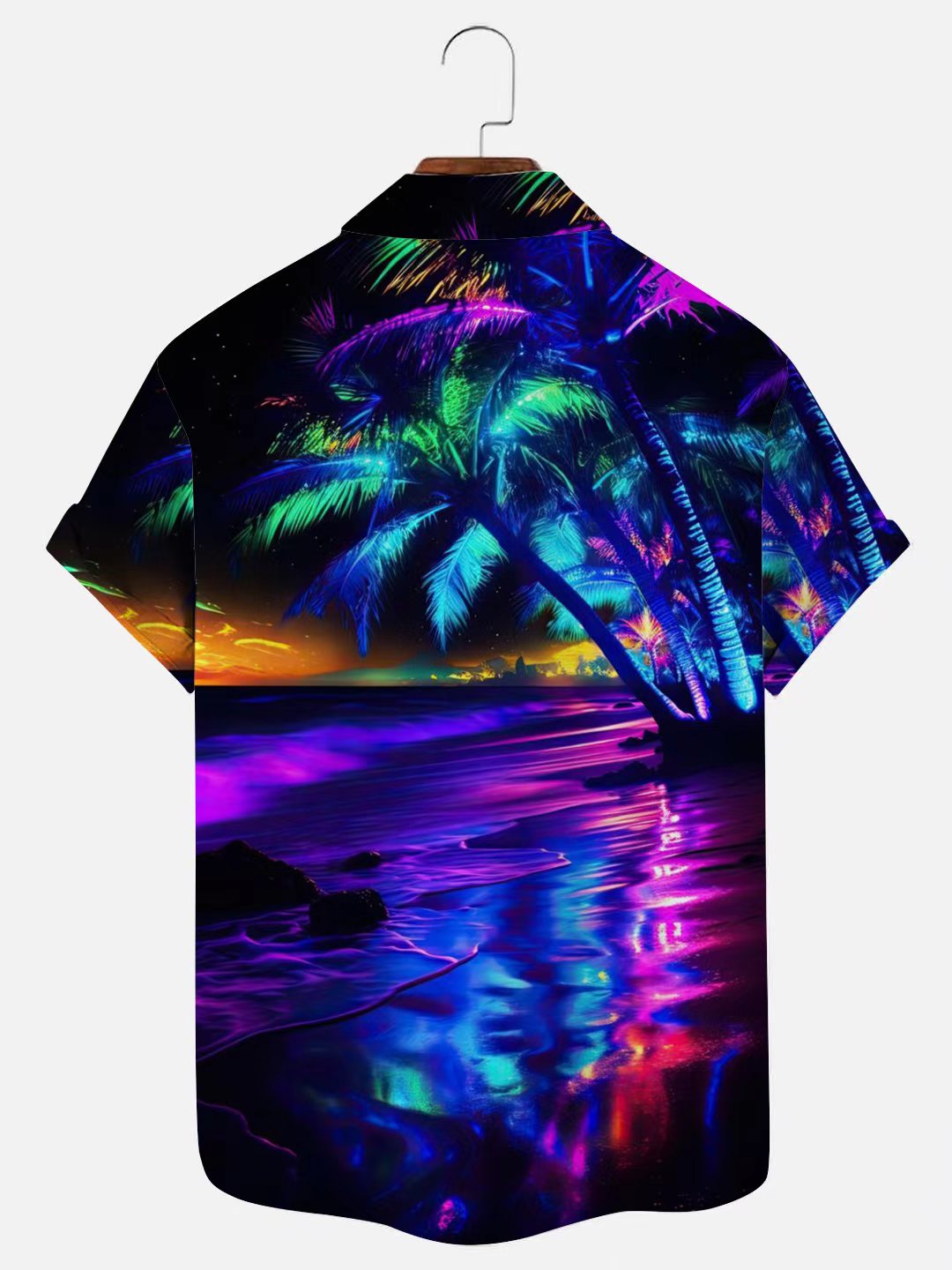 Men's Neon Palm Tree Beach Print Hawaiian Short Sleeve Shirt