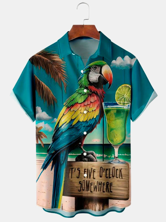 Men's Blue Parrot Coconut Tree Cocktail Graphic Print Hawaiian Short Sleeve Shirt