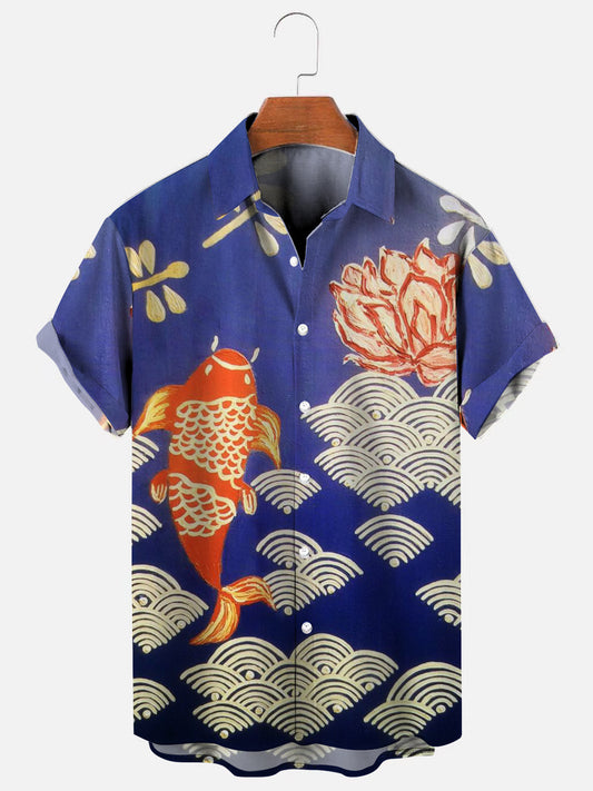 Men's Carp Lotus Pattern Print Hawaiian Short Sleeve Shirt