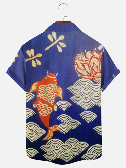 Men's Carp Lotus Pattern Print Hawaiian Short Sleeve Shirt