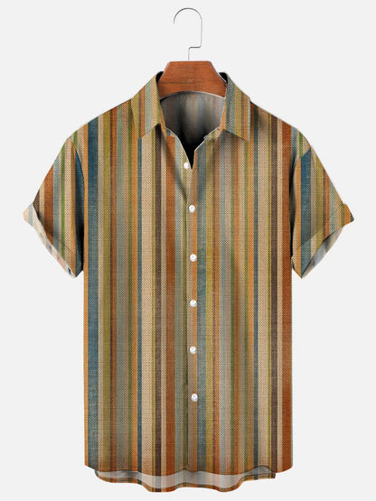 Men's Vintage Brown Stripe Print Hawaiian Short Sleeve Shirt