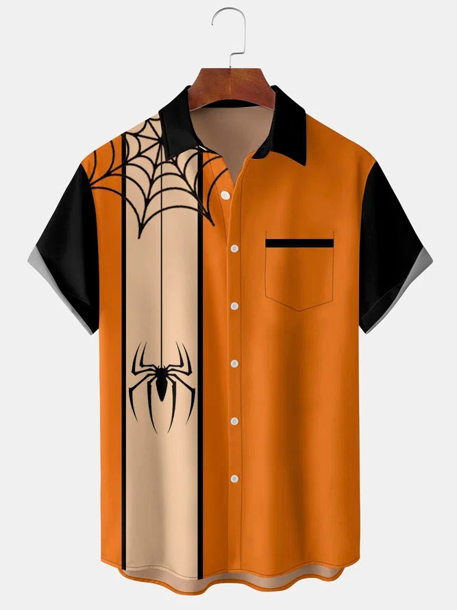 Men's Halloween Spider Print Front Button Soft Breathable Chest Pocket Casual Shirt