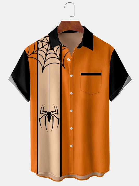 Men's Halloween Spider Print Front Button Soft Breathable Chest Pocket Casual Shirt