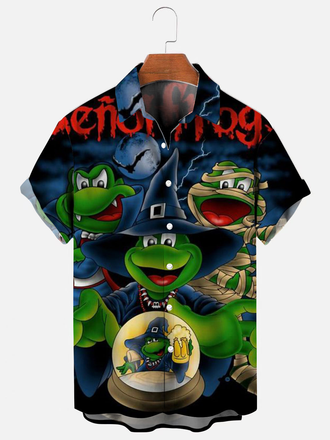 Men's Cartoon Frog Halloween Themed Printed Hawaiian Short Sleeve Shirt