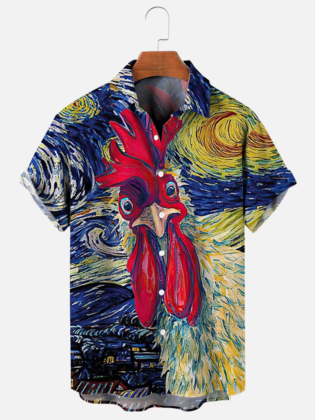 Chicken Rooster Starry Night Men's Casual Short Sleeve Shirt