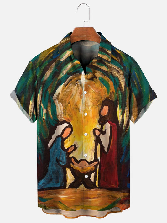 Men's Christmas Nativity Oil Painting Print Casual Short Sleeve Shirt