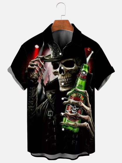 Men's Skull Beer Print Hawaiian Short Sleeve Shirt