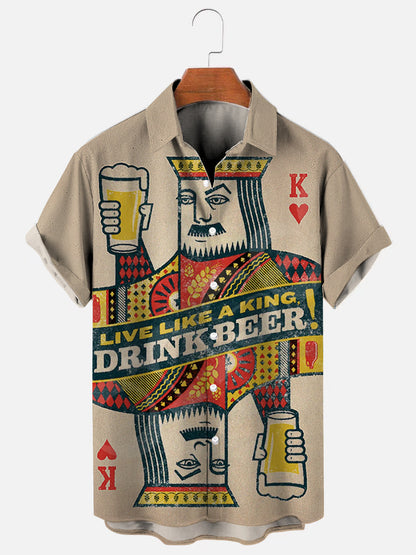 Live Like a King Drink Beer Fun Printed Hawaiian Short Sleeve Shirt