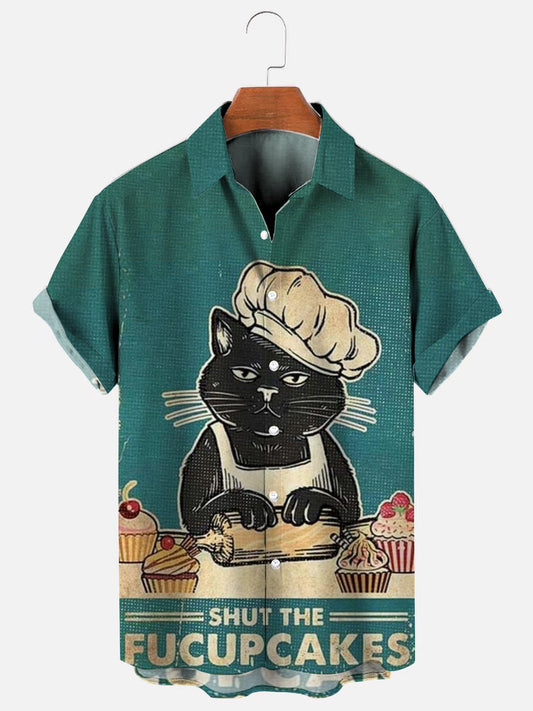 Men's Cat Baking Fun Printed Casual Short Sleeve Shirt