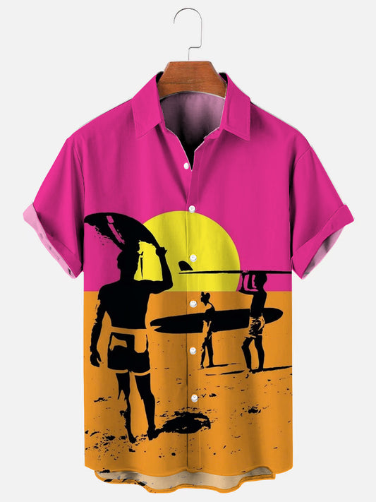 Men's Retro Summer Surf Poster Print Hawaiian Short Sleeve Shirt