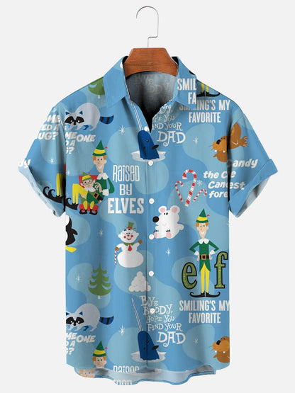 Blue Elf Christmas Print Casual Short Sleeve Shirt