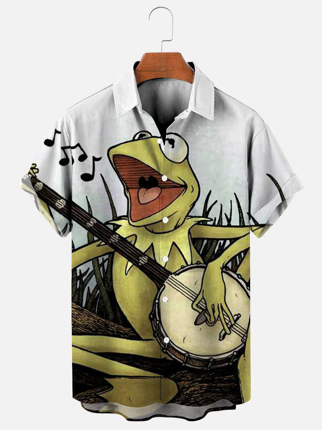 Men's Frog Music Print Hawaiian Casual Short Sleeve Shirt