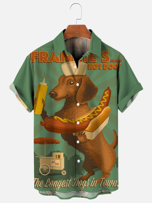 Men's Retro Dachshund Hot Dog Poster Print Hawaiian Short Sleeve Shirt