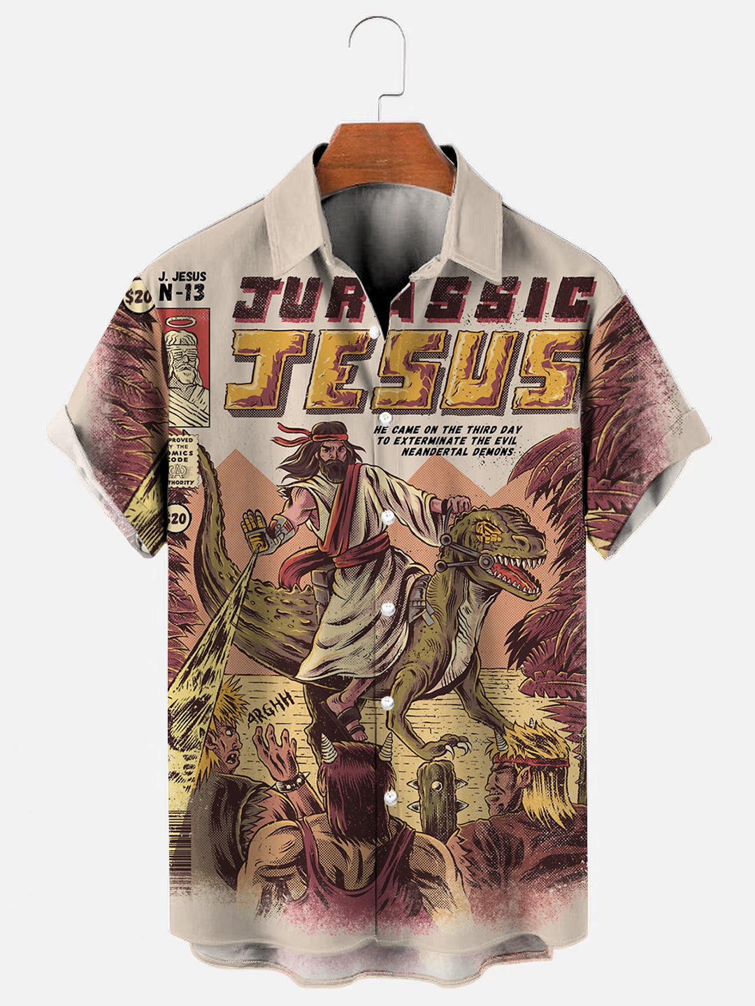 Men's Jesus Dinosaur Print Casual Short Sleeve Shirt