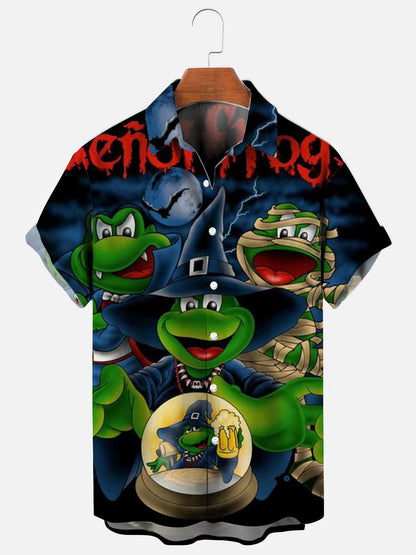 Men's Cartoon Frog Halloween Themed Printed Hawaiian Short Sleeve Shirt